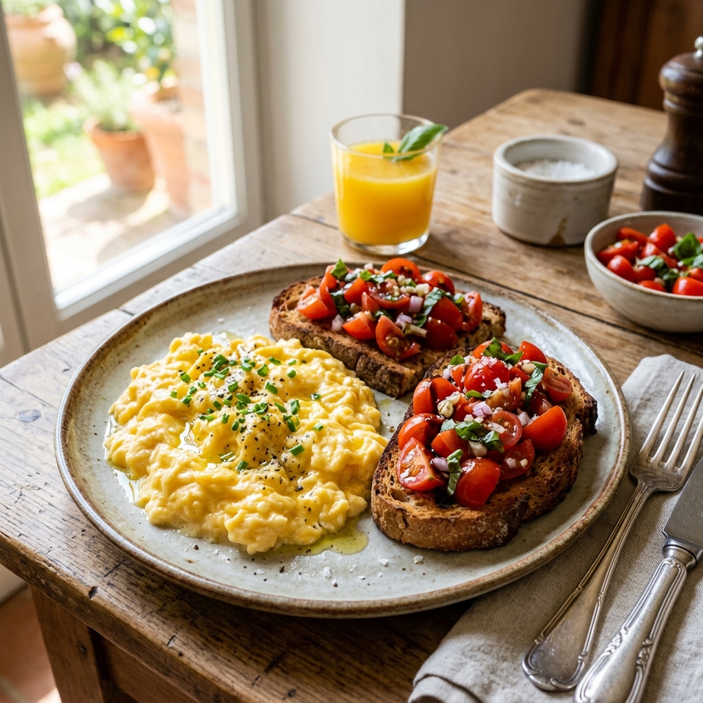Uovo Strapazzato con Bruschetta al Pomodoro